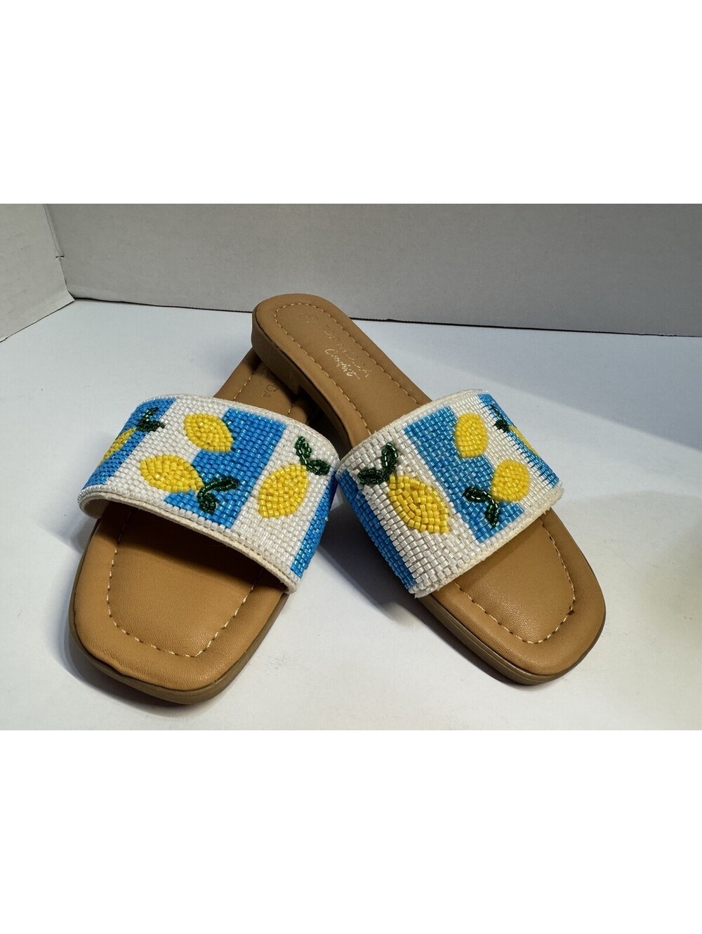 Top Moda Women's Size 5.5 Beaded Blue/White Striped Slip-on Sandals With Lemons